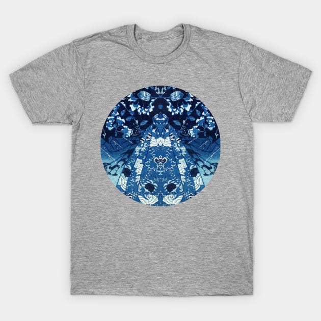 Japanese Abstract Collage Kuniyoshi Print Round Indigo/Blue/Aqua T-Shirt by SwagOMart